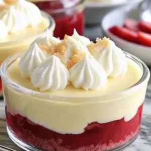 A clear glass bowl holding a layered dessert with a strawberry filling base, thick vanilla custard middle, and piped whipped cream on top.