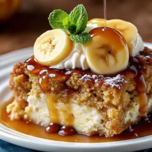 A slice of banana bread pudding garnished with fresh mint leaves, powdered sugar, and sliced bananas, with caramel sauce being poured over the top.