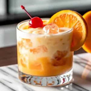 A layered orange and cream cocktail garnished with an orange slice and cherry on a white marble table.
