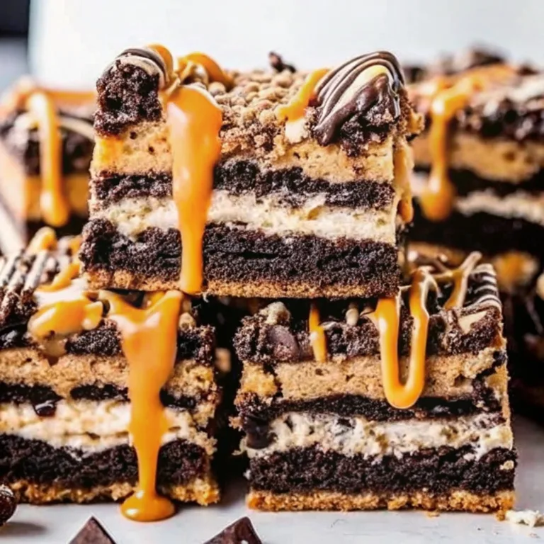 Three square-cut Slutty Brownies stacked neatly showing perfect layers of cookie, cream, and dark chocolate brownie.