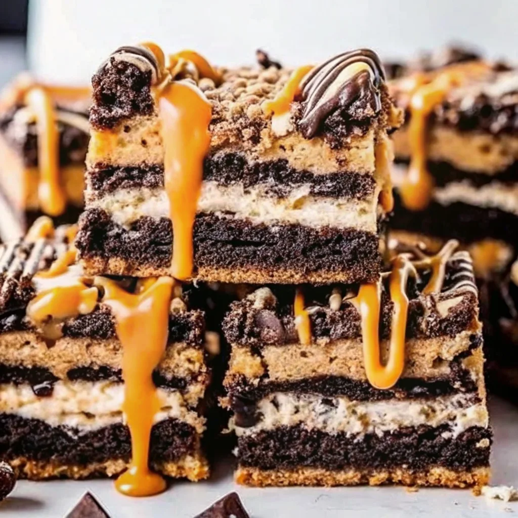 Three square-cut Slutty Brownies stacked neatly showing perfect layers of cookie, cream, and dark chocolate brownie.