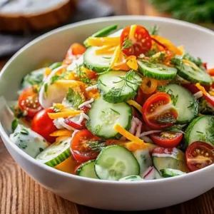 Fresh salad featuring sliced cucumbers, cherry tomatoes, and shredded carrots with sprigs of dill in a white bowl on a wooden table.