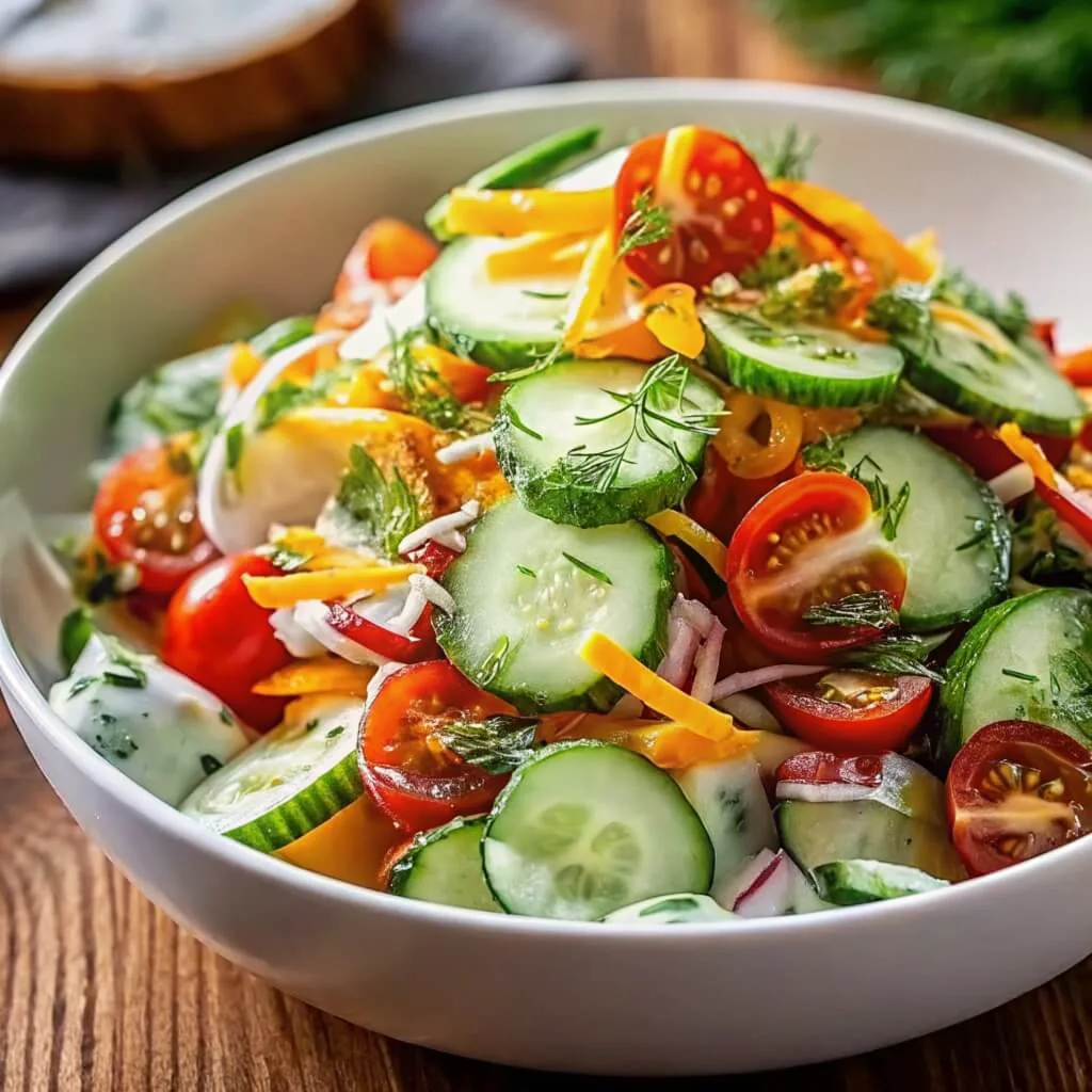 Fresh salad featuring sliced cucumbers, cherry tomatoes, and shredded carrots with sprigs of dill in a white bowl on a wooden table.