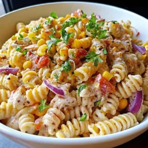 A large white bowl filled with Southwest-style pasta salad, garnished with a large bunch of fresh parsley.