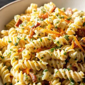 Rotini pasta salad with bacon bits and a light dusting of herbs served in a ceramic bowl.