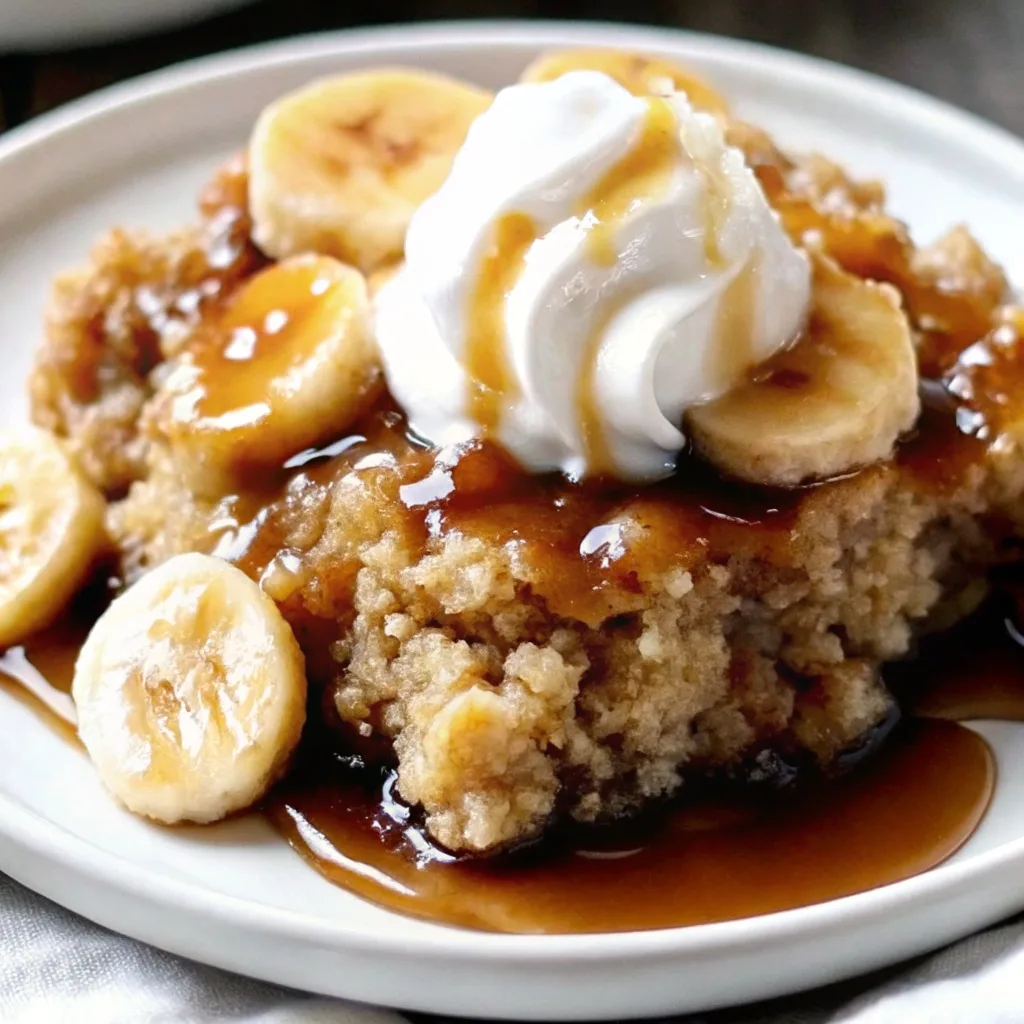 A close-up shot of a round banana bread pudding topped with fresh banana slices and drizzled with a rich dark caramel sauce.