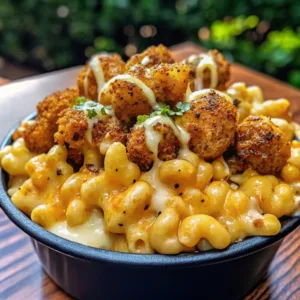 A black bowl featuring loaded macaroni and cheese topped with breaded chicken pieces and a creamy white drizzle.