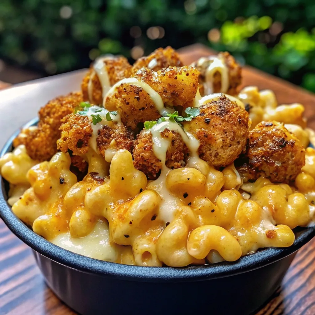 A black bowl featuring loaded macaroni and cheese topped with breaded chicken pieces and a creamy white drizzle.