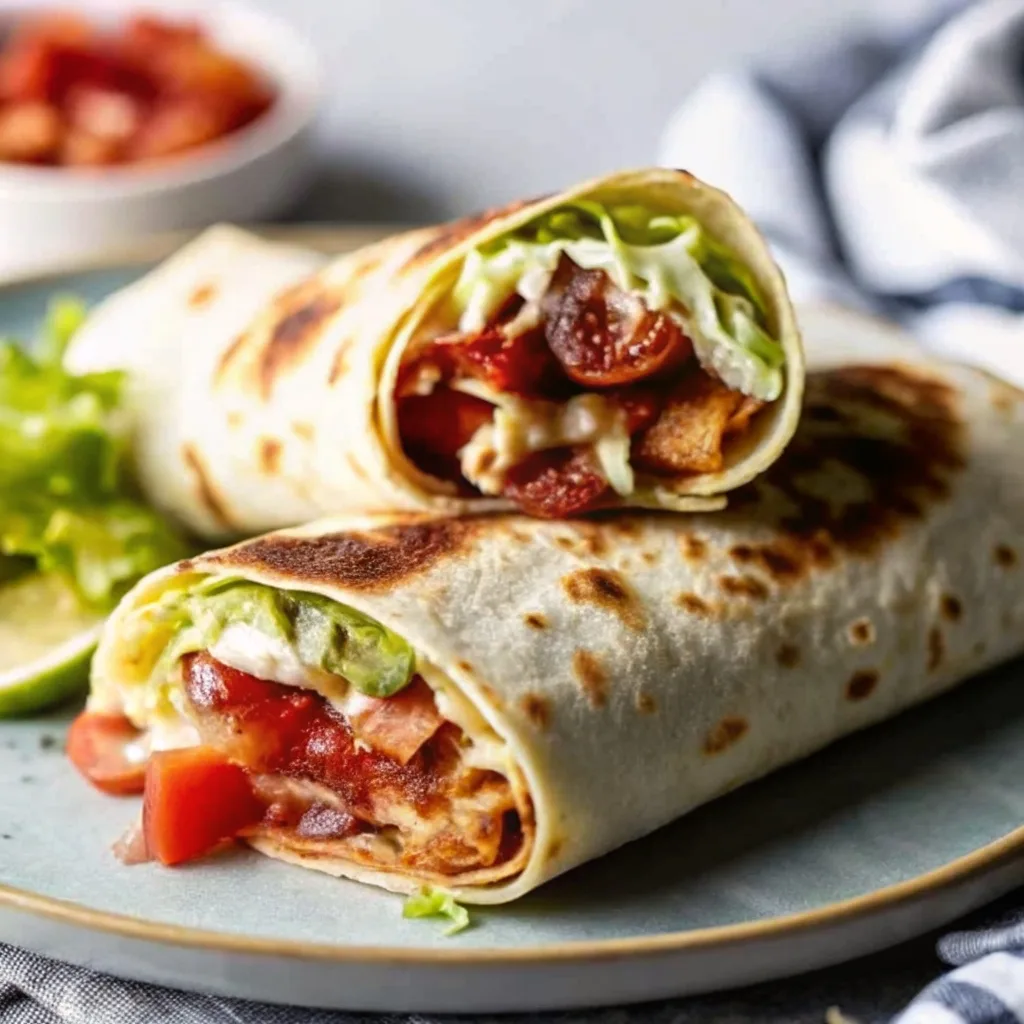 Two halves of a toasted BLT wrap stacked on a blue plate, showing a cross-section of turkey bacon, tomato, and lettuce.
