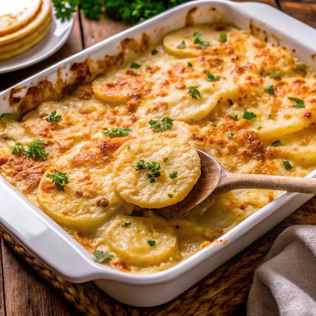 A white ceramic baking dish filled with golden-brown cheesy scalloped potatoes garnished with fresh parsley and being served with a wooden spoon.