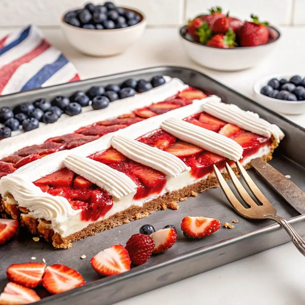 A long rectangular tray of strawberry dessert with decorative whipped cream stripes and fresh fruit garnishes.