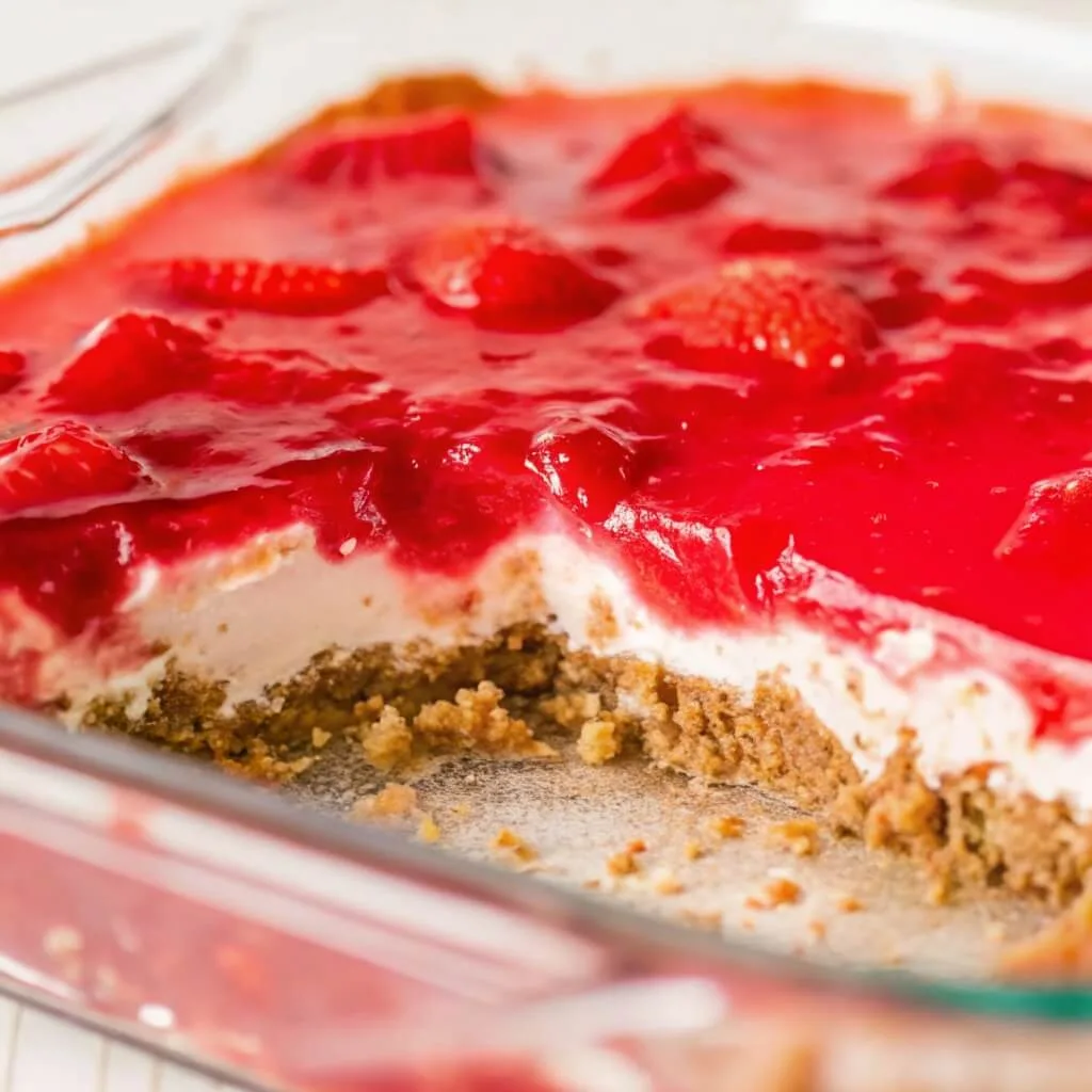 A glass baking dish containing strawberry pretzel salad with one large section already removed.