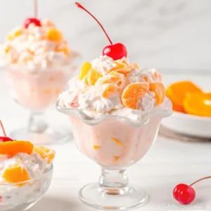A tall glass parfait dish filled with ambrosia salad, garnished with mandarin oranges and a bright red maraschino cherry.