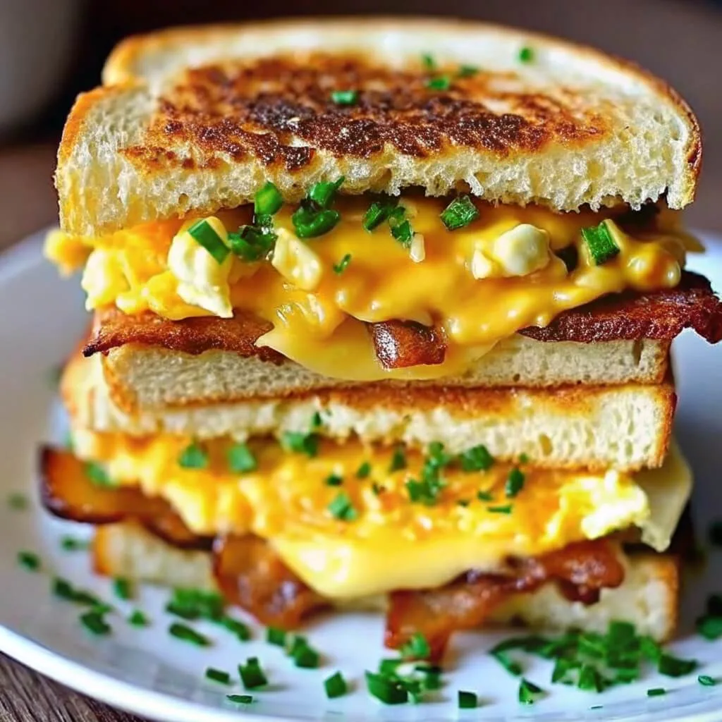 Two halves of a breakfast sandwich stacked on a white plate, showing fluffy eggs, gooey cheese, bacon, and chopped chives.