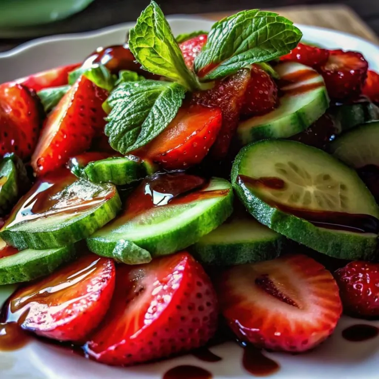 Thick slices of cucumber and fresh strawberries arranged on a plate, heavily drizzled with a dark balsamic reduction and garnished with mint.