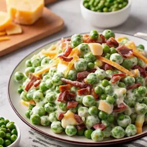 A generous serving of creamy pea salad loaded with crispy bacon and a mix of shredded and cubed cheddar cheese on a plate.