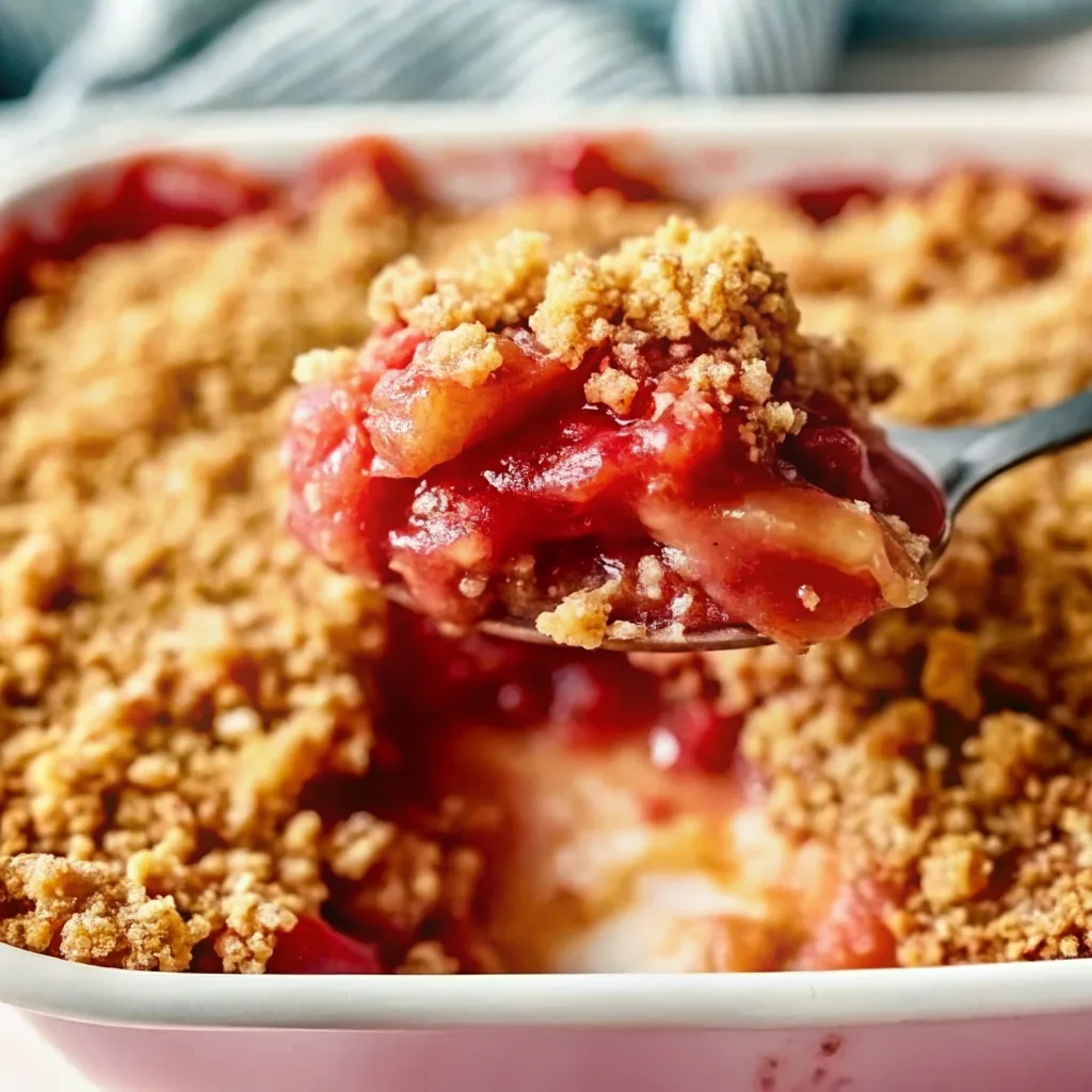 A silver spoon holding a generous bite of warm strawberry crisp, showing the red fruit filling and crumbly oat topping.