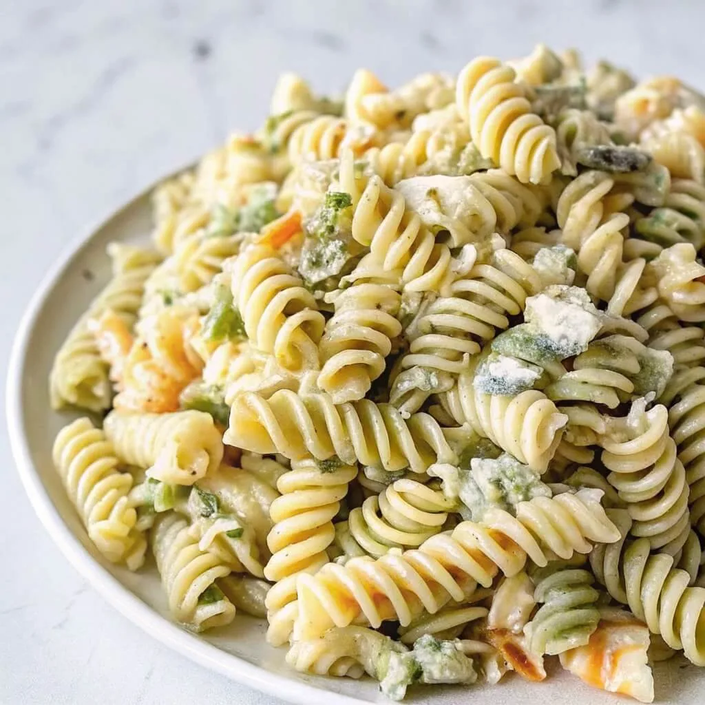 Extreme close-up of rotini pasta spirals heavily coated in a creamy green herb sauce.