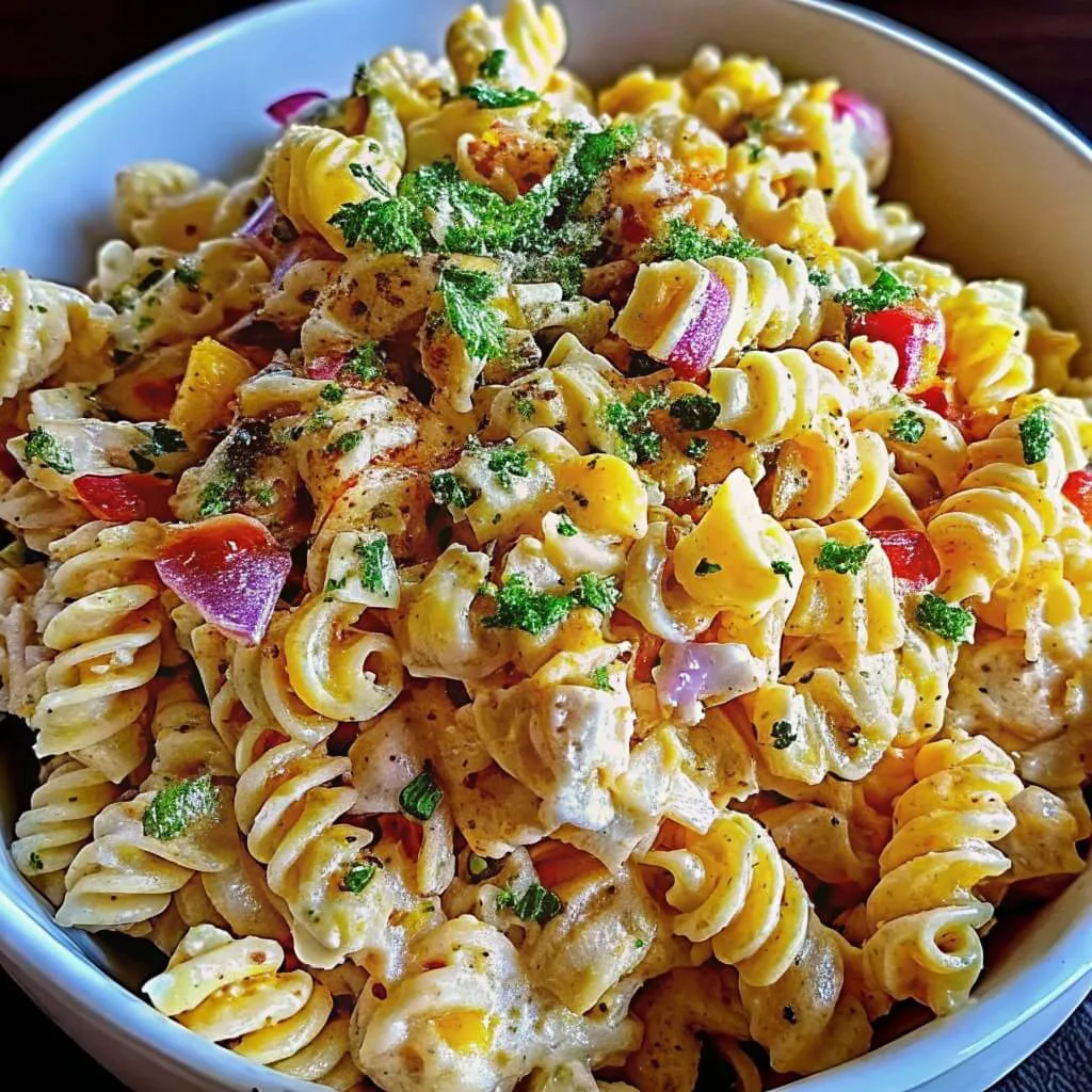 Extreme close-up of rotini pasta coated in a thick, creamy sauce with dried herbs and fresh parsley.