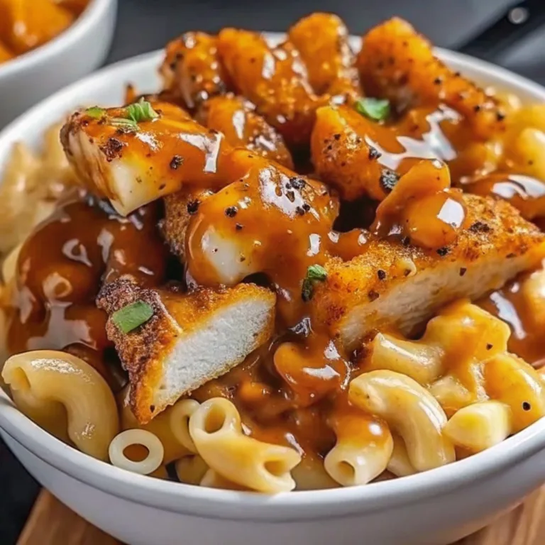 A white bowl of macaroni and cheese topped with sliced crispy chicken and a savory brown gravy sauce.