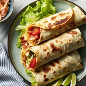 Three toasted turkey bacon wraps arranged on a plate with fresh lettuce and lime wedges for garnish.