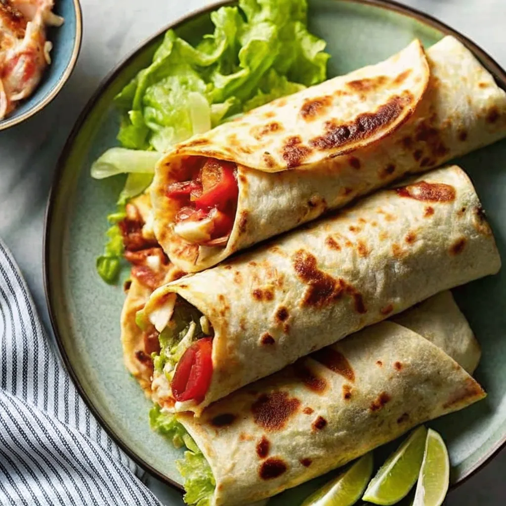 Three toasted turkey bacon wraps arranged on a plate with fresh lettuce and lime wedges for garnish.