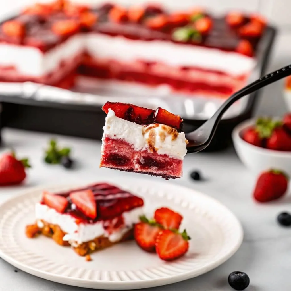 A black fork holding a small square bite of a three-layered strawberry and cream dessert over a plate.