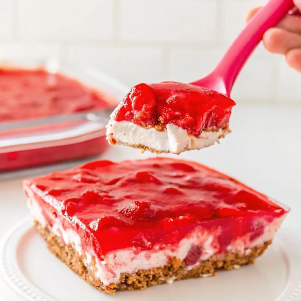 A pink spatula lifting a square piece of strawberry pretzel dessert over the main dish.