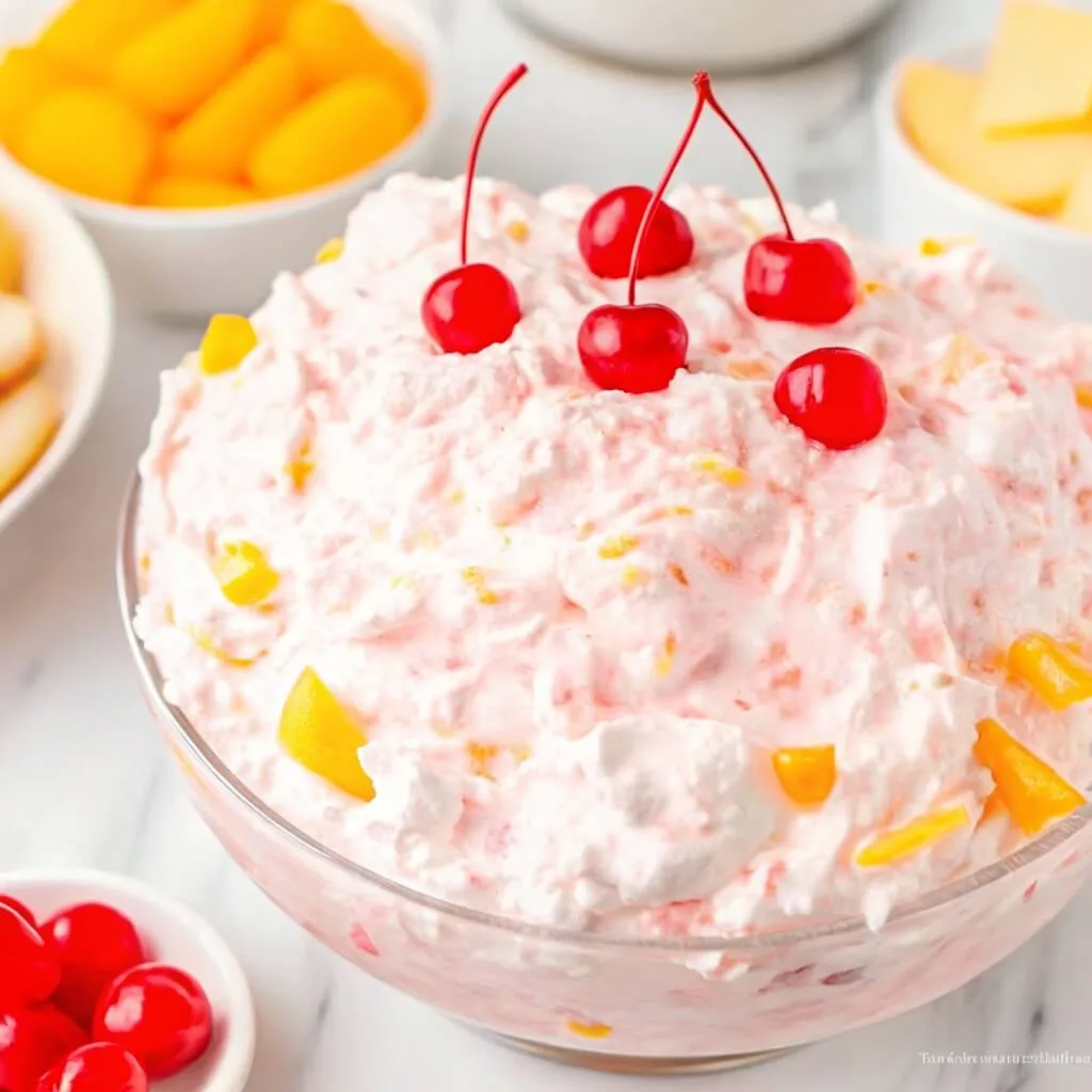 A large glass serving bowl overflowing with pink ambrosia salad, topped with four maraschino cherries and orange bits.