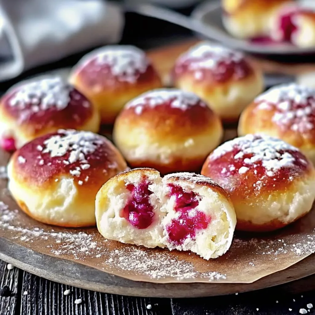 A halved jelly donut showcasing bright red raspberry jam filling, sitting on a wooden platter among whole powdered donuts.