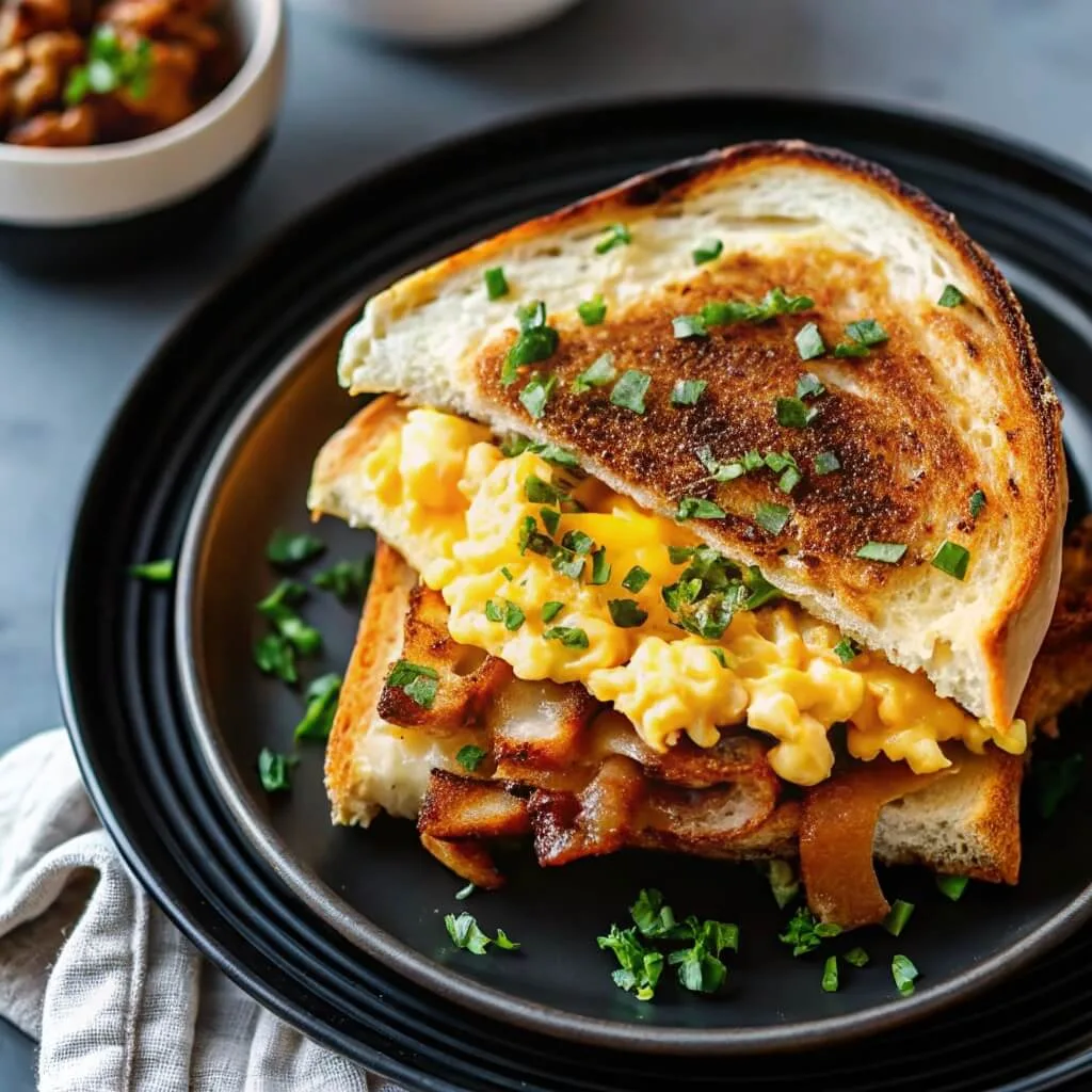 A toasted breakfast sandwich filled with scrambled eggs, cheese, and thick-cut bacon, served on a black plate with fresh herbs.