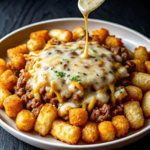 A plate featuring a ring of crispy tater tots surrounding a hearty ground beef chili, topped with melted cheese, with a spoon pouring cheese sauce over the top.
