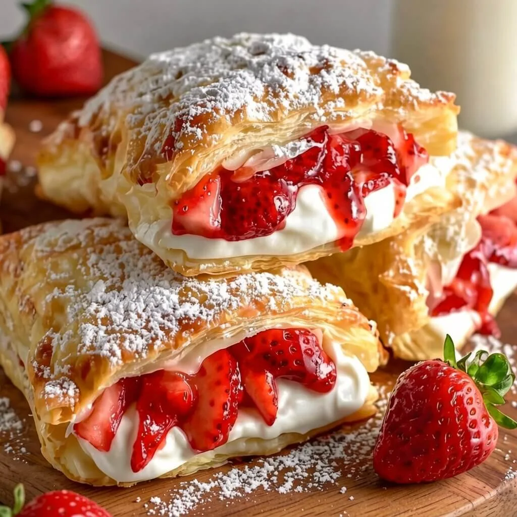 Close up of stacked puff pastry strawberry turnovers filled with fresh sliced strawberries, sweet cream, and dusted with powdered sugar.
