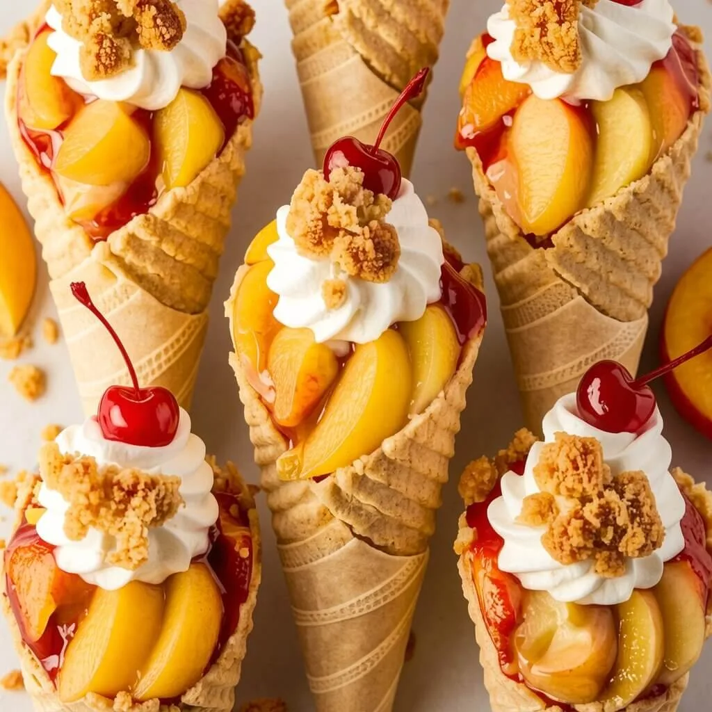 Top down view of several waffle cones filled with fresh peach cobbler filling, whipped cream, streusel crumble, and a maraschino cherry.