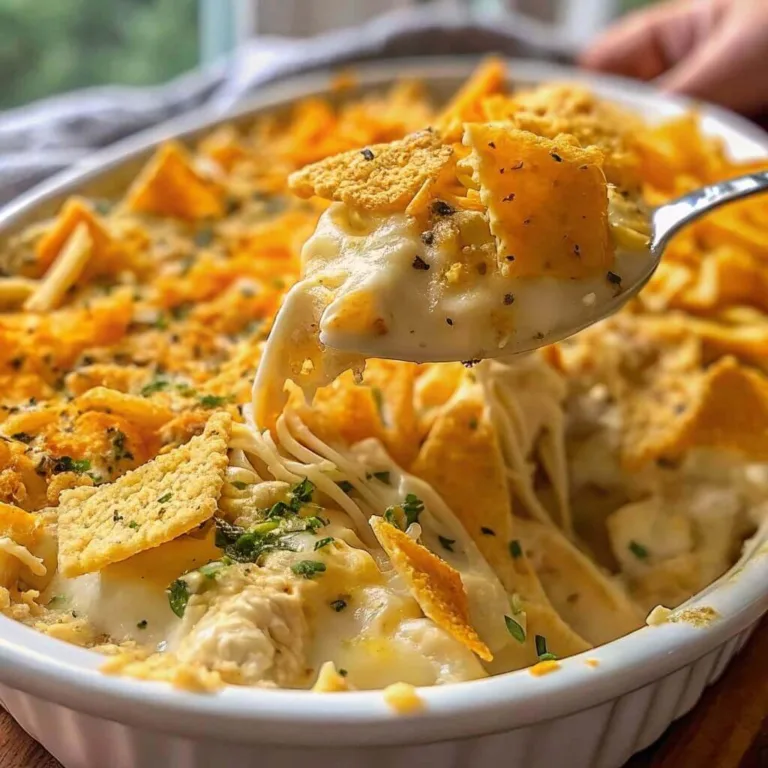A silver spoon lifting a scoop of creamy Ritz cracker chicken casserole with melted cheese and crushed cracker topping.