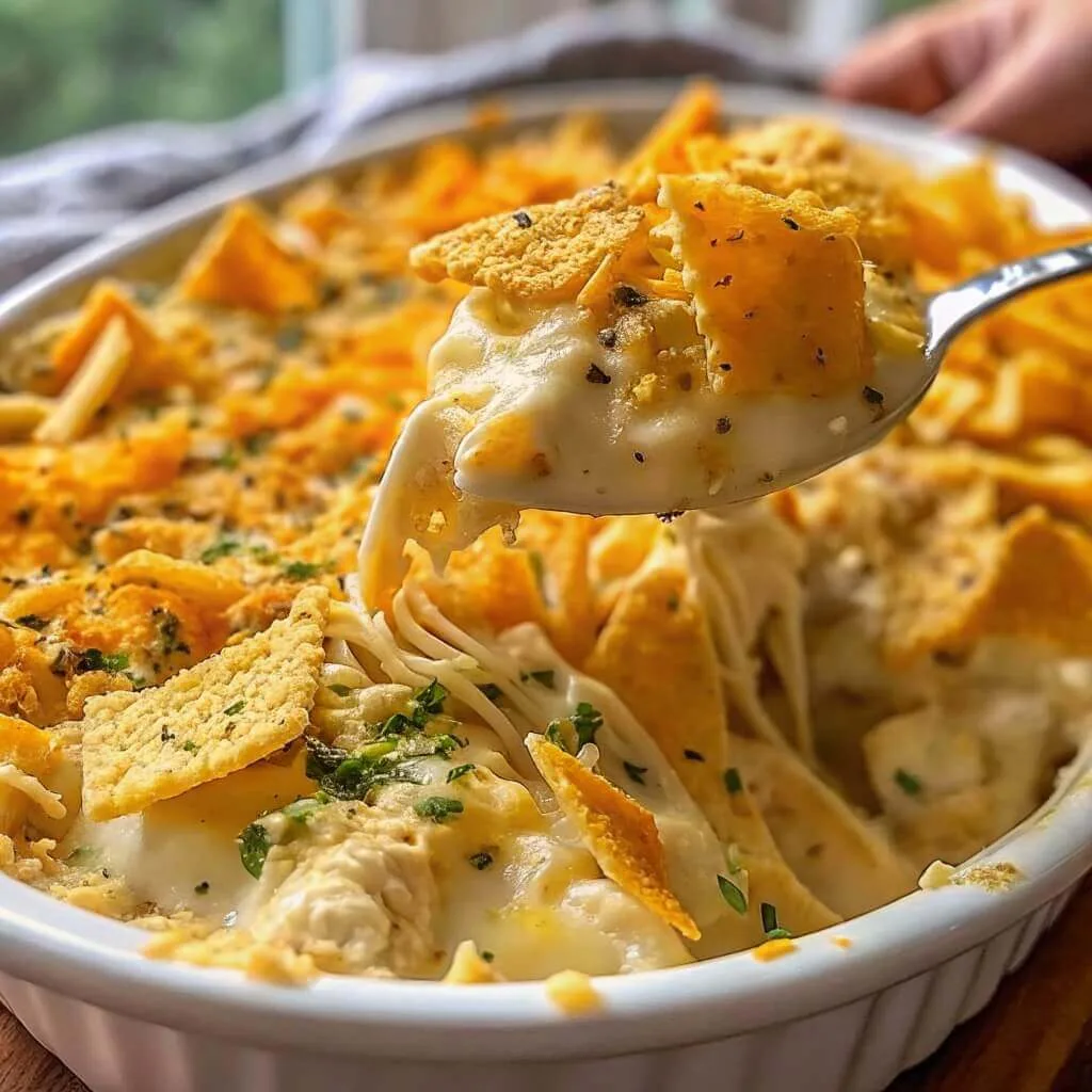 A silver spoon lifting a scoop of creamy Ritz cracker chicken casserole with melted cheese and crushed cracker topping.