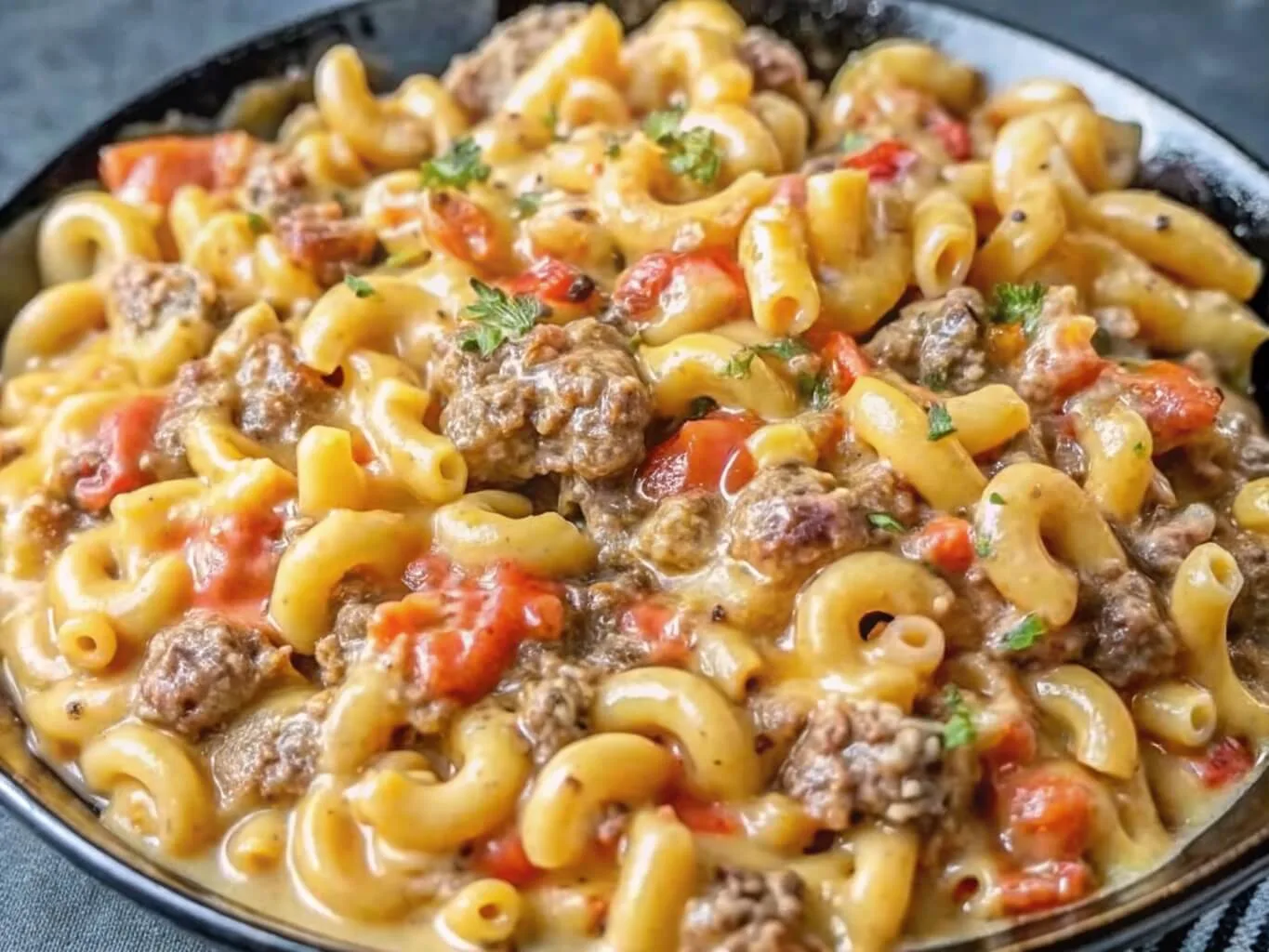 Close up of a creamy beef goulash skillet with elbow macaroni pasta, seasoned ground beef, and diced tomatoes.