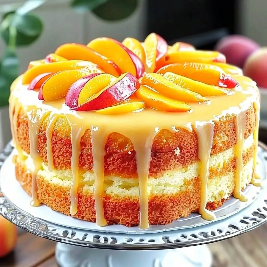 A two layer peach cake on a stand topped with fresh peach slices and a dripping caramel glaze mantle.