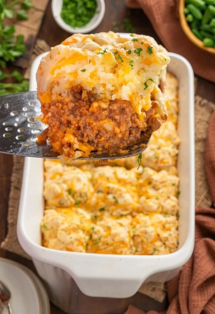 A metal spatula lifting a large scoop of easy shepherd's pie from a baking dish, displaying layers of minced beef gravy and mashed potatoes.