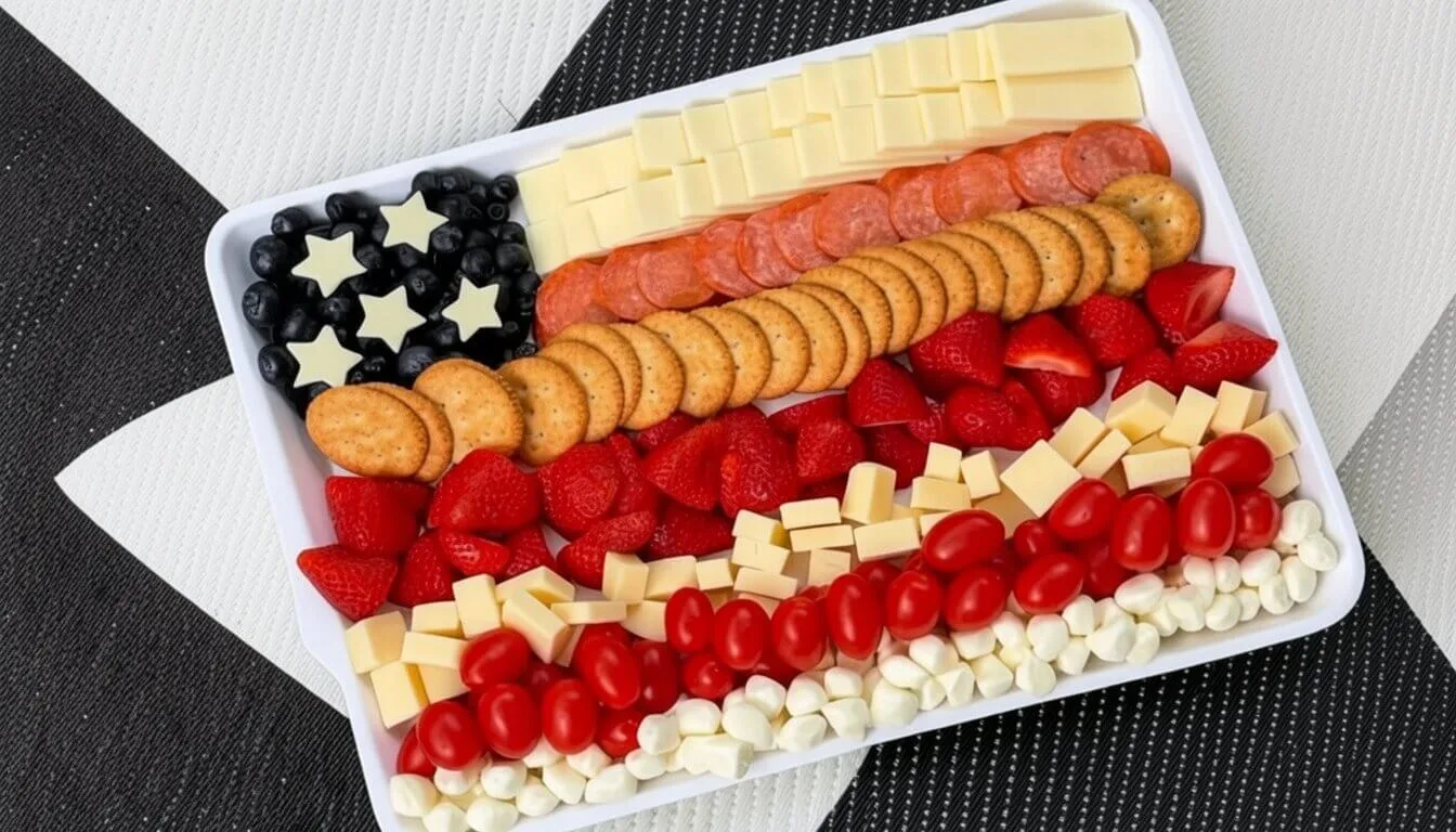 A 4th of July charcuterie board arranged like the American flag with rows of crackers, cheese, pepperoni, strawberries, tomatoes, and blueberries on a black and white geometric background.