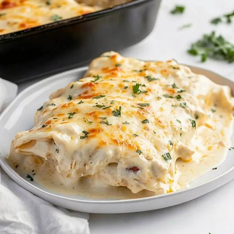 A close up serving of easy white chicken enchiladas on a white plate, smothered in creamy white sauce, melted cheese, and chopped parsley.