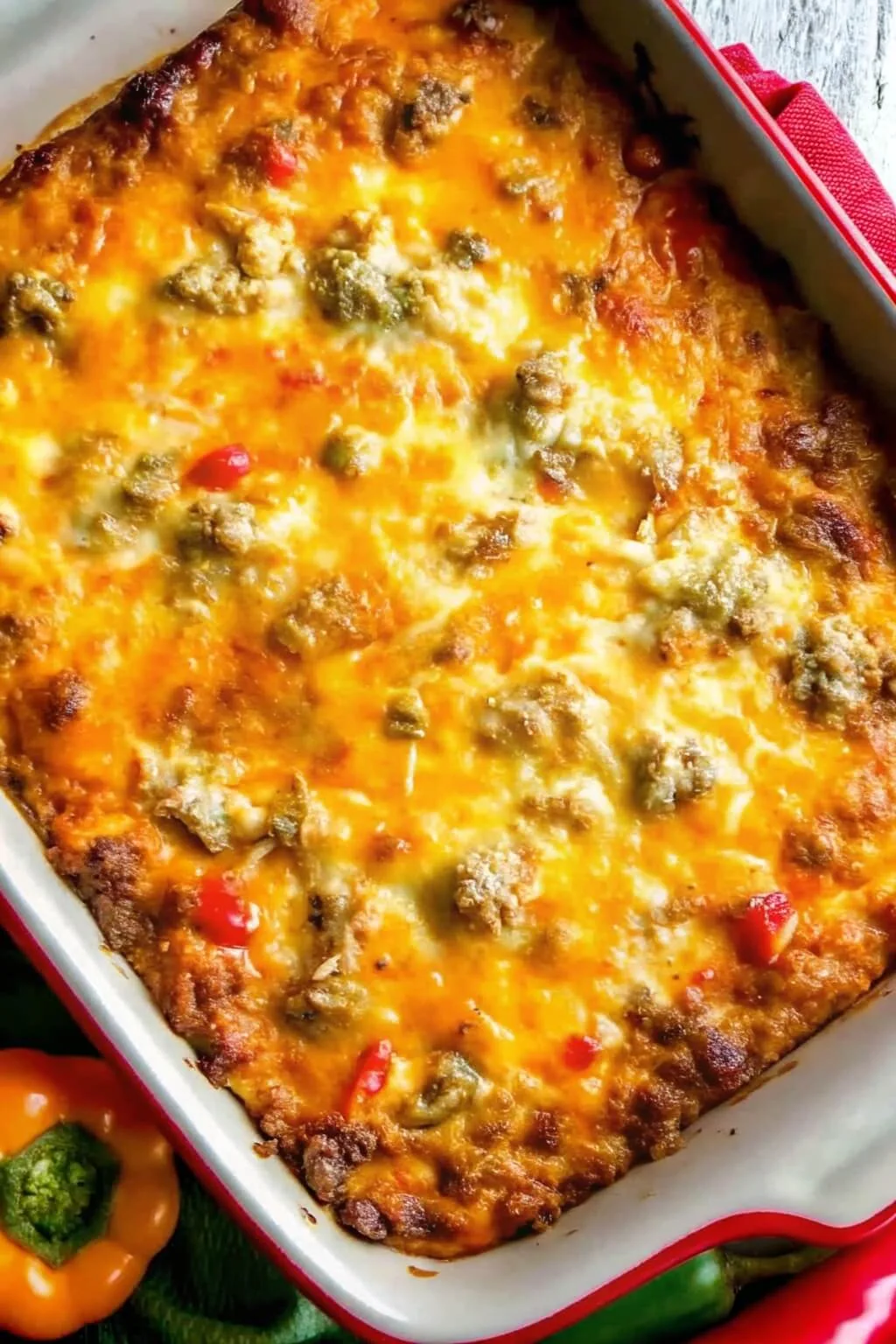 Overhead view of a baked low carb ground beef casserole topped with melted bubbling cheddar cheese and bell peppers.