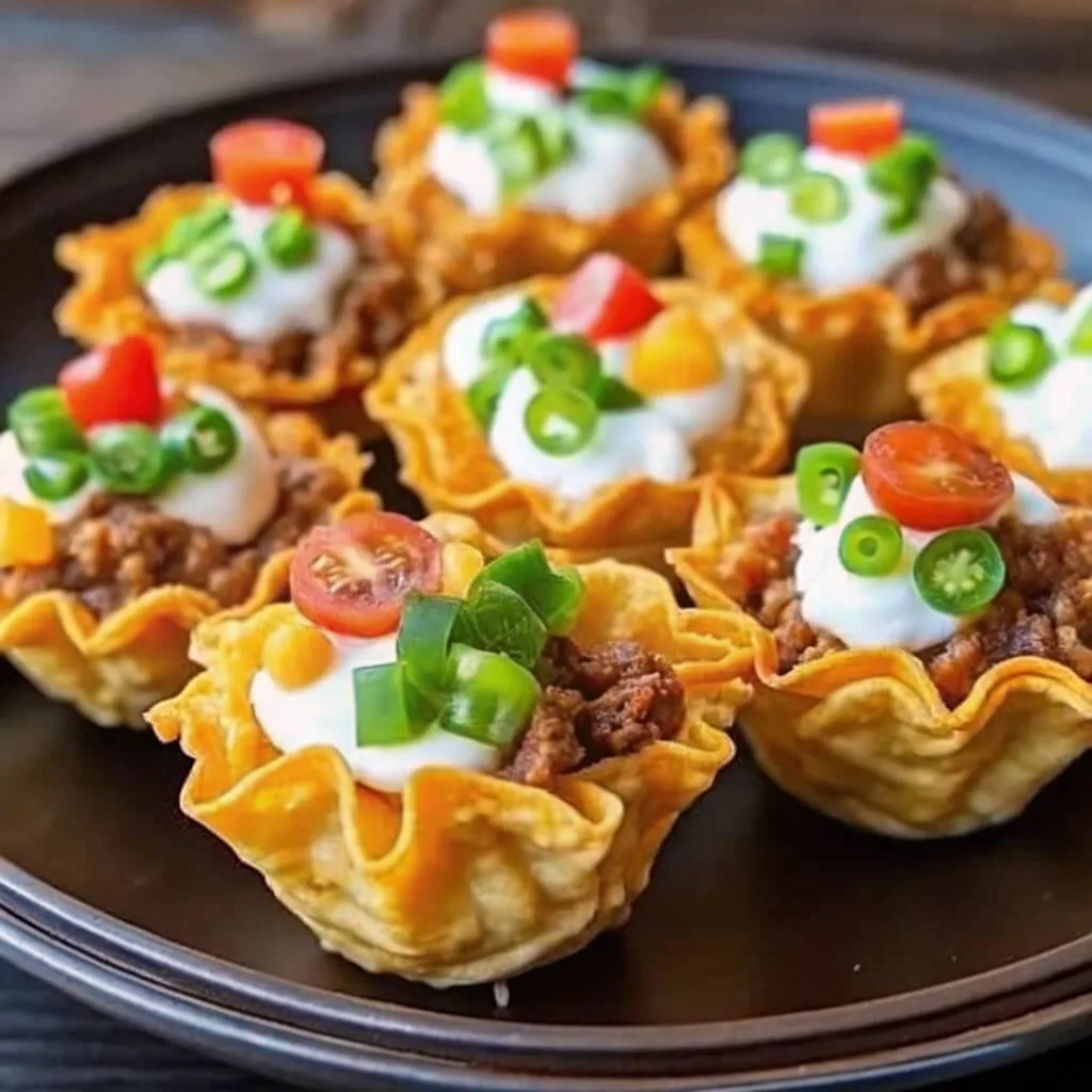 Several small, crispy tortilla bowls filled with seasoned ground beef, a dollop of sour cream, sliced jalapeños, and cherry tomatoes on a dark plate.