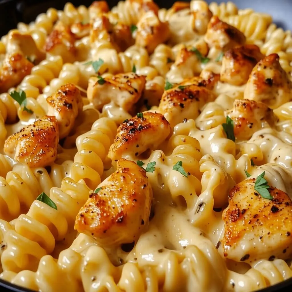 Close up of a creamy chicken bacon ranch pasta bake with crispy breadcrumbs, red pepper flakes, and fresh parsley.