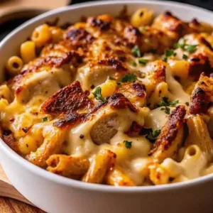 A white ceramic bowl filled with creamy baked BBQ chicken mac and cheese featuring a golden-brown melted cheese crust.