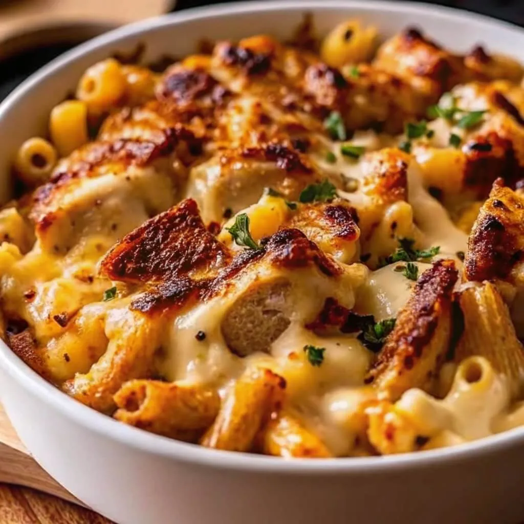 A white ceramic bowl filled with creamy baked BBQ chicken mac and cheese featuring a golden-brown melted cheese crust.