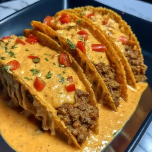 Three hard-shell ground beef tacos smothered in creamy orange queso sauce and topped with diced red peppers and fresh cilantro.