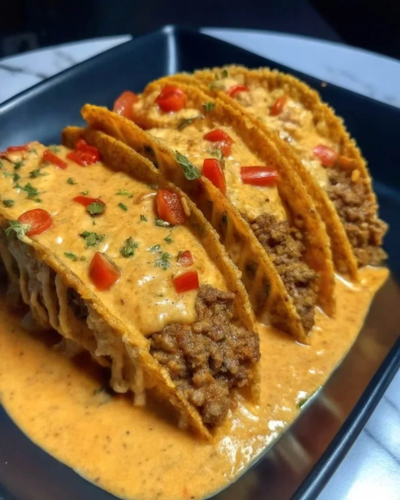Three hard-shell ground beef tacos smothered in creamy orange queso sauce and topped with diced red peppers and fresh cilantro.