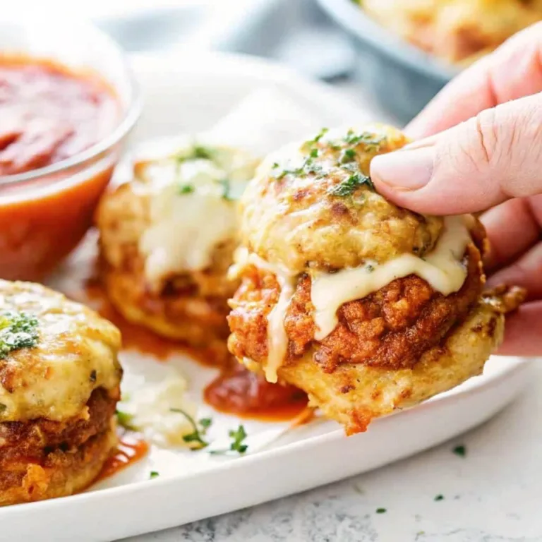 A hand picking up a cheesy meatball slider with melted mozzarella and marinara sauce on a white plate.