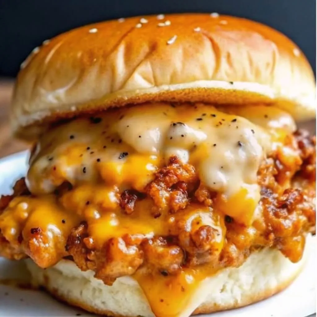 A close-up of a crispy chicken sandwich on a brioche bun with melted cheddar and a creamy peppercorn white sauce.